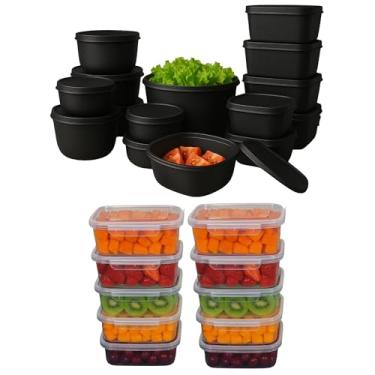 Imagem de Kit 25 Potes com Tampa plásticos herméticos travas laterais grandes fechamento formato retangular empilhável fácil organização de mantimentos uso em freezer e micro-ondas limpeza prática (Preto)