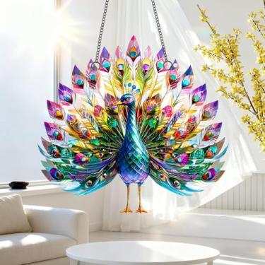 Imagem de 1 peça para pendurar em acrílico pavão colorido, decoração de janela de 18 cm com design de estilo vitral impresso, arte de parede de criador de arco-íris, ideia de presente e ornamento de jardim, uso