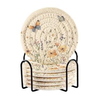 Imagem de SEHANY Elegante conjunto de 6 porta-copos de flores de borboleta com suporte, porta-copos redondos absorventes de algodão resistente ao calor para mesa de jantar, canecas de café, 10 cm