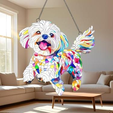 Imagem de 1 peça para pendurar em acrílico para cães maltês colorido, decoração de janela de 18 cm com design de vitral impresso, arte de parede de criador de arco-íris, ideia de presente e ornamento de jardim