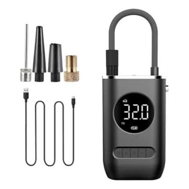 Imagem de Compressor de Ar Portátil Digital, 50W, 150 psi, Recarregável, Preto, com Lanterna e Manômetro, para Carro Moto Bicicleta