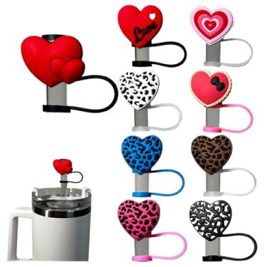 Imagem de 9 peças de tampa de palha para copos Stanley 30 e 1,134 g, 0,4 pol. / 10 mm de largura bonitos protetores de tampas de silicone para tampas compatíveis com canudos Stanley Cup Acessórios - coração