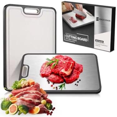 Imagem de EDGEGRAIN Tábua de corte de aço inoxidável revestida de titânio, tábua de cortar dupla face profissional com palha de trigo PP, grau alimentício