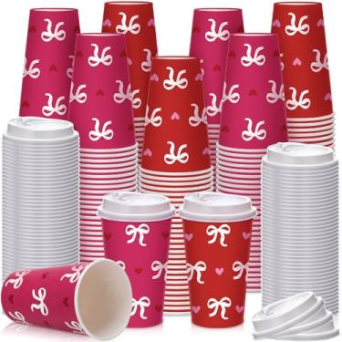 Imagem de FoldTier 60 peças de xícaras de café descartáveis para Dia dos Namorados com tampas 473 ml Copos de papel para bebidas vermelho rosa laço padrão de coração café chocolate quente recipiente de chá