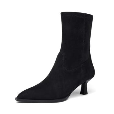 Imagem de Coutgo Botas femininas de cano baixo, bico fino, salto baixo, zíper lateral, sapatos de outono, Camurça preta, 39