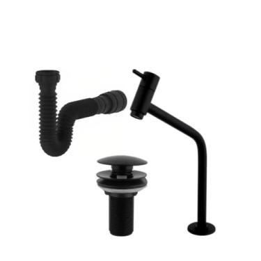 Imagem de Kit de Banheiro em ABS Preto -Torneira Válvula Click 7/8 e Sifão Flexível Sanfonado Universal