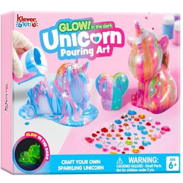 Imagem de Klever Kits Kit de servir unicórnio que brilha no escuro - Figurina: 2 unicórnios e 1 em forma de coração, arte e artesanato para crianças a partir de 6 anos, kit de pintura infantil, presente de