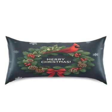 Imagem de Qilmy Fronha de cetim com padrão de guirlanda de Natal para cabelo e pele, capa de almofada de seda refrescante macia e respirável com fecho de envelope, tamanho king size 50 x 101 cm