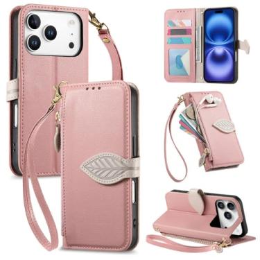 Imagem de Capa de celular em couro com alça de pulso e zíper, compartimento para cartões, compatível com iPhone 17 Air 16E 16 15 14 13 12 Pro Max Plus, rosa.
