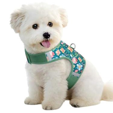 Imagem de Sunraymascota Peitoral para cães pequenos, fácil de colocar e tirar, colete refletivo ajustável de malha macia para filhotes (estampa floral verde, PP)