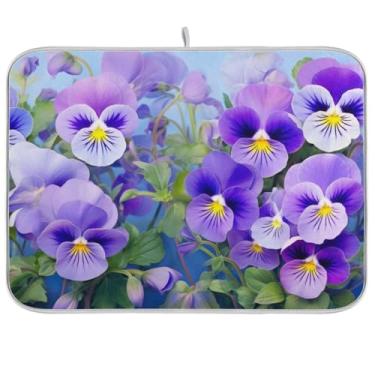 Imagem de Tapete de secagem de louça, flores violetas, almofada de pratos de microfibra, tapete de escorredor de pratos para balcão de cozinha, decoração de casa de férias, médio, 40 x 45 cm