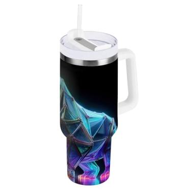 Imagem de ODAWA Caneca grande com isolamento de rinoceronte colorido com alça e canudo, copo isolado a vácuo com tampa 2 em 1