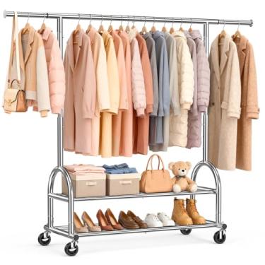 Imagem de EAGMAK Suporte de roupas resistente para pendurar roupas, carga de 252 kg, suporte de roupas com rodinhas ajustáveis em altura, cabideiro de metal portátil com rodas e prateleiras para lavanderia de