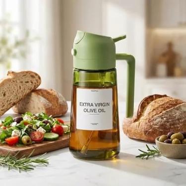 Imagem de 1 garrafa de azeite de oliva, garrafa de óleo 2 em 1 e pulverizador de cozinha, acessório de óleo de churrasco, o acessório de cozinha perfeito para grelhar e cozinhar (verde blindado de luz)