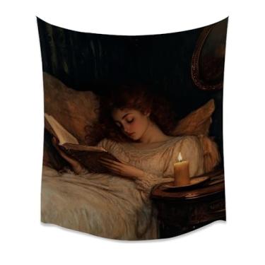 Imagem de Tapeçaria Victorian Redhead Girl Reading In Bed Dark Academia Candlelight Night Wall Hanging Art Cozy Bedroom Decor For Book Lover Romantic Vintage Library Stylewhite76x101 cm