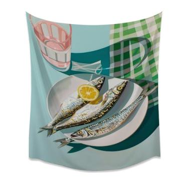 Imagem de Tapeçaria de parede de vidro de sardinhas iluminadas pelo sol mesa aqua cozinha decoração de jantar costeira vibrante ilustração de comida de verão pôster de tecido moderno para canto de café da manhã