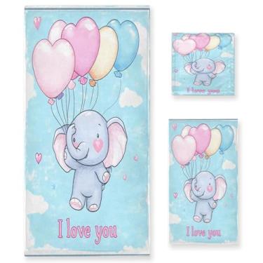 Imagem de Wassud Conjunto de 3 toalhas de banho fofas com balão de coração de elefante para dia dos namorados, toalhas super macias e absorventes para banheiro, toalhas de banho de secagem rápida, toalha de