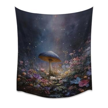 Imagem de Tapeçaria de parede floral de cogumelo gigante céu estrelado cena de jardim encantado fantasia caprichosa arte de cogumelo para quarto natureza mágica decoração de casa branco 76 x 101 cm