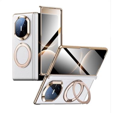 Imagem de HAOMRIYL Capa de couro genuíno para Huawei Mate X7, capa de suporte de anel magnético, protetor de dobradiça de câmera de tela integrada, capa de borda galvanizada de luxo, branca, Mate X7