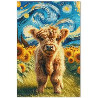 Imagem de Quebra-cabeça Highland Cow Girassol Noite Estrelada 1000 Peças de Brinquedo Adulto Arte de Jogo de Arte Exclusivo Quebra-Cabeça Presentes Tecnológicos de Jogos, 75 x 40 cm