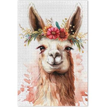 Imagem de Quebra-cabeça com coroa de flor de lhama fofo, 1000 peças para adultos, desenhos animados, animais exclusivos, para adultos, elefante branco
