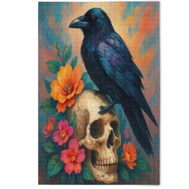 Imagem de Quebra-cabeça 1000 peças para adultos pintura de arte floral decorativa preto corvo crânio flores natureza quebra-cabeças adultos elefante branco, 1000 peças, 75 x 50 cm