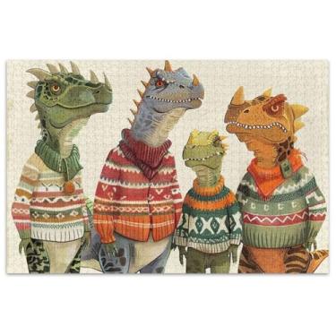 Imagem de Quebra-cabeças engraçados de dinossauros em suéteres, 1000 peças, para adultos, divertido, cena de inverno, quebra-cabeça artístico