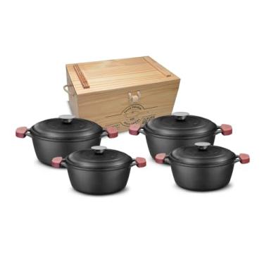 Imagem de MTA - Conjunto de 4 Peças de Caçarolas com Tampa de Ferro Fundido e Alças de Silicone, Caixa de Madeira