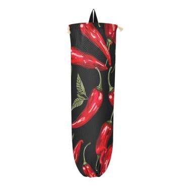 Imagem de Pimentas vermelhas em suportes de saco plástico preto, saco de armazenamento de parede, organizadores de sacos de plástico