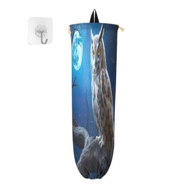 Imagem de Coruja sentada empoleirada em um galho suportes de saco plástico para sacolas de supermercado, bolsa de armazenamento de parede