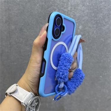 Imagem de Capa com alça de pulso magnética e carregador sem fio Candy Color Frame para iPhone 16, 13, 14, 15 Pro Max Plus, capa rígida transparente, azul-celeste, para iPhone 15 ProMax
