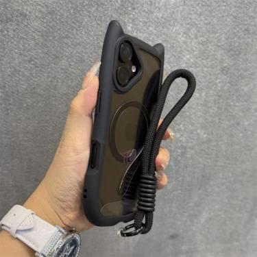 Imagem de Capa de gato fofa para iPhone 13, 14, 15, 16 Pro Max 11, 12, 15, 16 Plus, capa protetora de PC TPU transparente com alça de pulso e corrente, preta, para iPhone 15 Pro