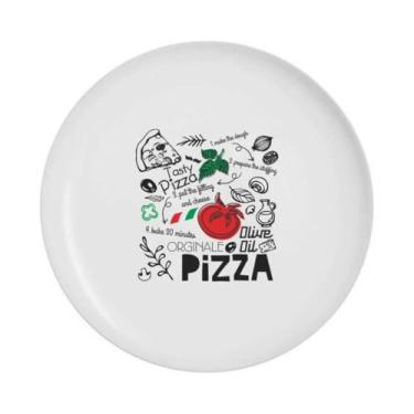 Imagem de Prato de Opaline Decorado Pizza, 32 cm, Branco com Estampa Temática Italiana, Vidro Temperado Resistente, Superfície Lisa e Brilhante, para Servir Pizzas e Massas