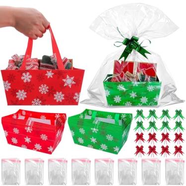 Imagem de Cesta grande de Natal com 16 peças, cestas de presente vazias 24 x 16 cm, cestas de floco de neve de Natal vazias para encher a granel com alças, sacos de celofane, laços de puxar, torções para festas