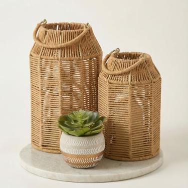 Imagem de Lanternas boho de juta natural - decoração artesanal para melhorar sua casa - beleza moderna de casa de fazenda perfeita para qualquer sala de estar, pátio e varanda, mesa de café interna e externa ou