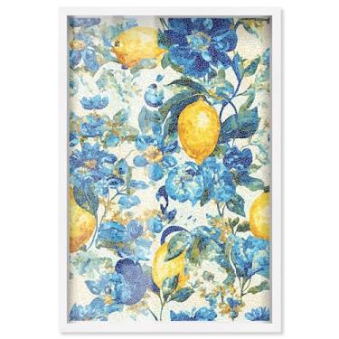 Imagem de Lemon Mosaic I Shadowbox Print Blue Floral Wall Art por Art Remedy, moldura branca, 43 x 63 cm