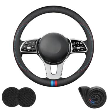 Imagem de Capa de volante de carro de couro Nappa para a maioria dos sedãs SUV acessórios universais de 35 a 38 cm com logotipo, antiderrapante e respirável, preta