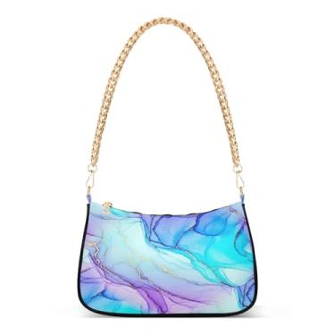 Imagem de Bolsa de ombro com corrente de ombro azul e roxa em aquarela, bolsa de mão Hobo média moderna para mulheres, bolsa de mão artística para uso diário e festa