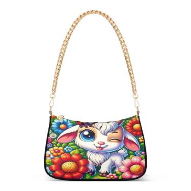 Imagem de Linda bolsa de ombro engraçada com estampa de animal de ovelha, bolsa de mão média com estampa floral colorida para mulheres, bolsa Hobo versátil
