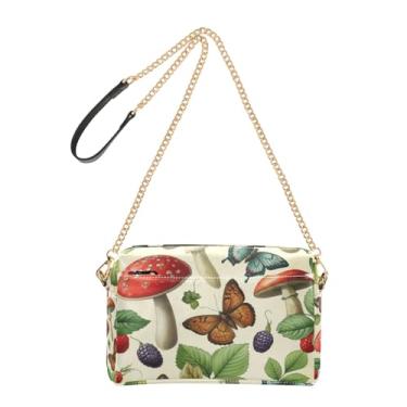 Imagem de Joitme Bolsa tiracolo feminina bolsa para celular bolsa de ombro de couro PU com alça de corrente vintage cogumelos folhas borboleta