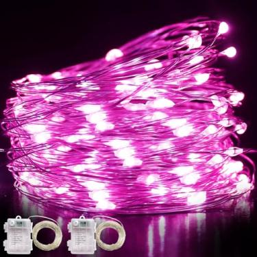 Imagem de Pacote com 2 luzes de fada, 200 luzes de fio de cobre rosa de 200 LEDs para o dia dos namorados, à prova d'água, 8 modos, luzes LED para decoração de Natal, decoração interna ao ar livre, luzes