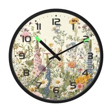 Imagem de SEHANY Herb Wildflower Relógio de parede silencioso sem tique-taque relógio redondo operado por bateria 30 cm controle de som luz noturna relógios de parede para sala de estar, cozinha, quarto