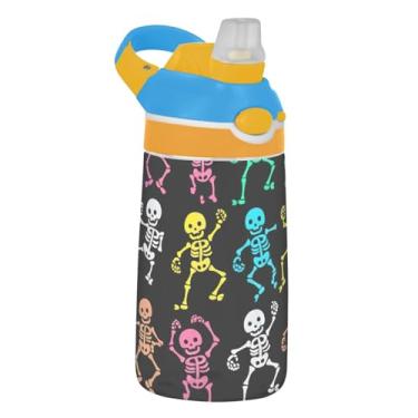 Imagem de Garrafa de água de 473 ml para crianças à prova de vazamento 473 ml Tritan Sports garrafa de água com canudo copo de viagem infantil reutilizável portátil, alça de transporte, esqueletos engraçados de
