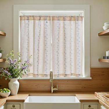Imagem de jinchan Cortinas de cozinha de linho 91 cm de comprimento pequenas cortinas de janela moderna painéis de cortina de fazenda com padrão de pata de gato e videira para banheiro, porão, filtro de luz