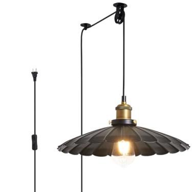 Imagem de Oyisen Plug In Hanging Light Rustic Black 13,8 Polegadas Lampshade Com 13,2 Pés Light Cord Bar Counter Hanging Plug In Pendant Light On/Off Switch Hanging Lamp Plug In