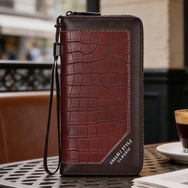 Imagem de Carteira masculina, bolsa de mão longa de couro sintético em relevo de crocodilo com zíper único, design moderno com bloqueio RFID e organizador de grande capacidade (café escuro)