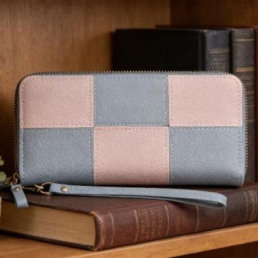 Imagem de Carteira feminina, bolsa de couro fina longa com zíper duplo, dobrável, portátil, grande capacidade, com bloqueio de RFID e design seguro (azul claro)