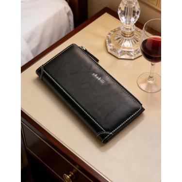 Imagem de Carteira masculina com zíper lateral, bolsa de couro com vários compartimentos para cartões e grande capacidade, organizador casual com bloqueio de RFID para itens essenciais diários (preto)