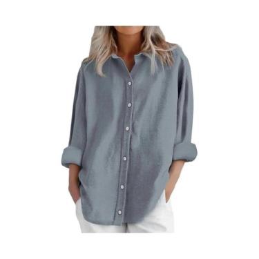 Imagem de Camisa Casual Feminina De Algodão E Linho De Manga Longa Em Cor Sólida