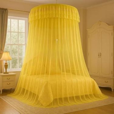 Imagem de Mosquiteiro Gigante Aberto ou Fechado em Renda | Para Cama Casal Queen King | Elegante e Ventilado(Amarelo,Aberto)